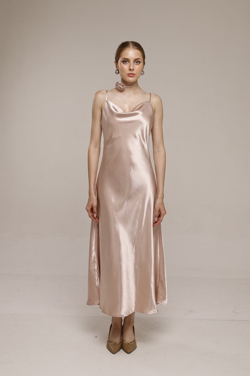 Boonne Fashions فستان ميدي ساتان وردي للنساء - Image 1